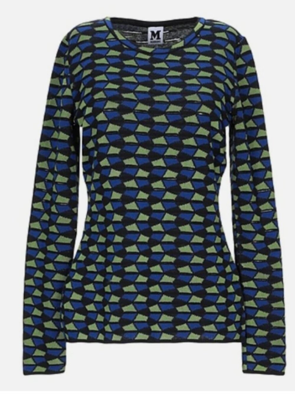 M Missoni Sweater Blue Green Geometric Zigzag Knit Crew Neck Womens Size 6